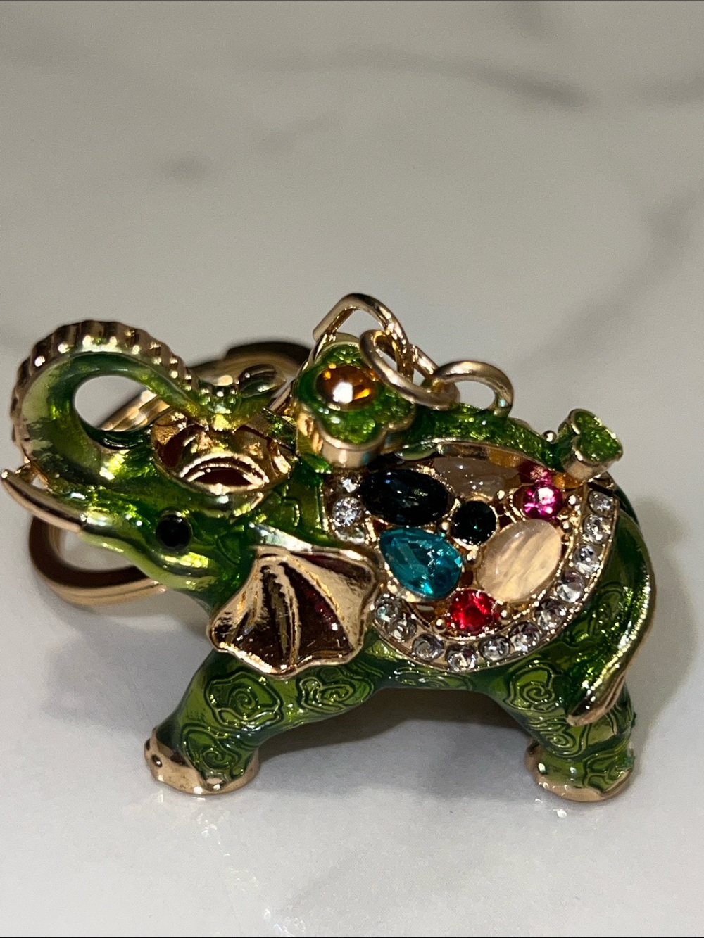 Gold Tone Elephant Bag Charm with Red and Green Enamel & Multicolor Gems - Picture 7 of 8